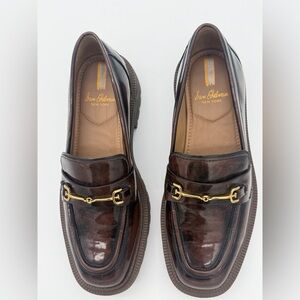 Sam Edelman Lug Sole Loafers Brown Gold Patent Leather Women’s Size 7 Slip-on